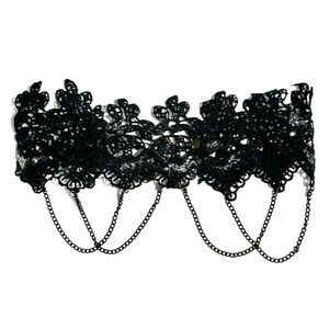 Black Lace Thick Choker Necklace with Hanging Chains Goth Silver Sparkles Collar